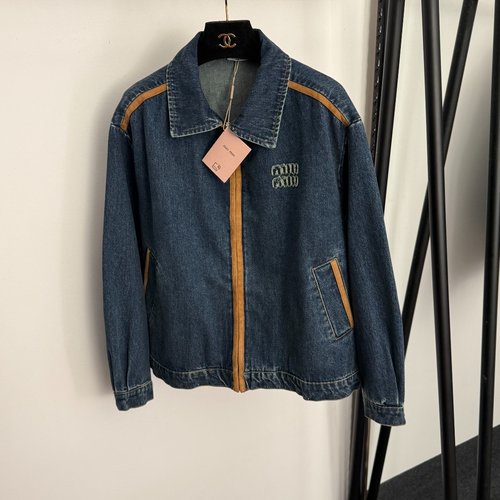 Miu Miu Chest Logo Embroidered Patch Color Block Trim Long Sleeve Denim Jacket