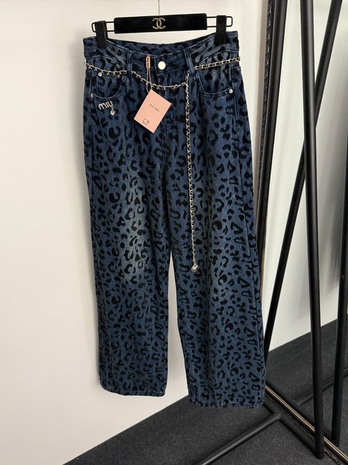 Miu Miu Blue Leopard Print Chain Belt High-Rise Jeans