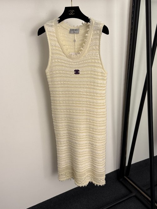 Chanel Chanel-Style Crochet Knit Vest Dress in Apricot