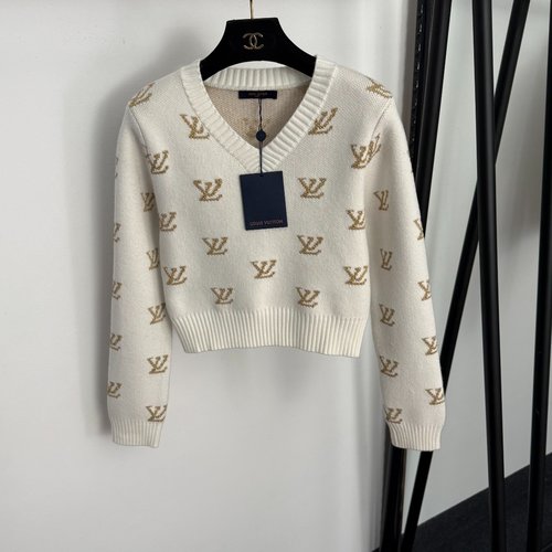 Louis Vuitton Shiny Logo Letter V-Neck Long-Sleeve Knit Sweater in Four Colors