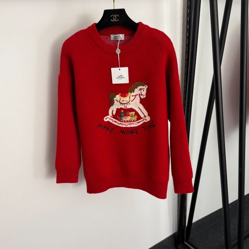 Hermes Red Small Horse Embroidered Pullover Knitted Sweater