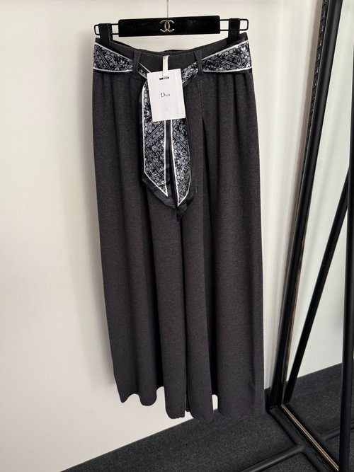 Dior Apricot, Gray & Black Knitted Wide-Leg Trousers with Vintage Belt