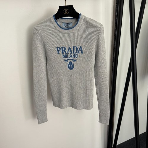 Prada Chest Logo Letter Slim-Fit Long-Sleeved Wool Knit Shirt in Three Colors