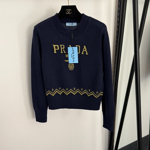 Prada Bright Silk Jacquard Letter Pullover Long - sleeved Knit Shirt in Multiple Colors