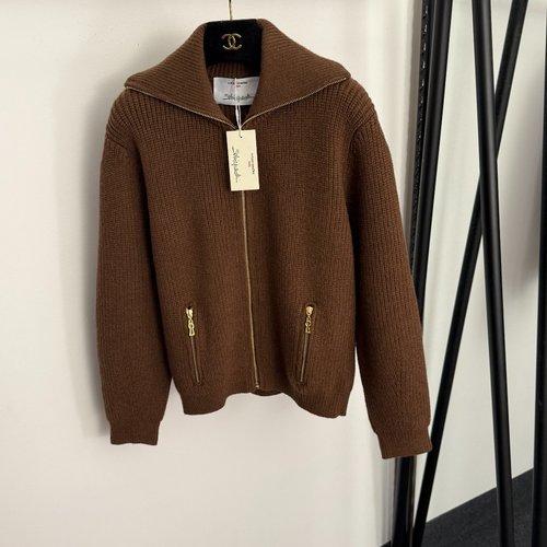 Schiaparelli Metal Keyhole Zip Collared Long Sleeve Knitted Cardigan