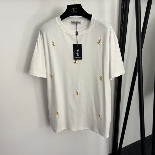 Yves Saint Laurent Metal Logo Letter Decorated Casual Short Sleeve T-Shirt