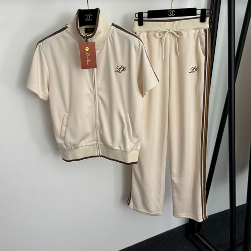 Loro Piana Striped Ribbon Edged Lounge Suit in Apricot, Gray and Black