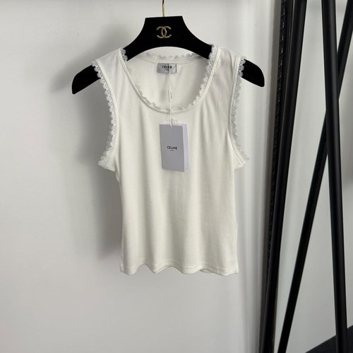 Celine Logo Embroidery Lace Trimmed White Slim Vest