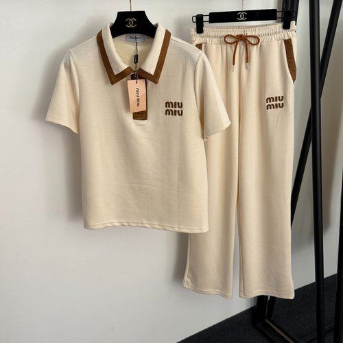 Miu Miu Set with Logo Embroidery T - Shirt and Elastic Waist Pants in Multiple Colors