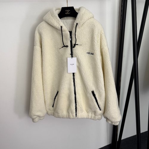 Celine Celin Logo Embroidered Shearling Hooded Zip Jacket in Off-white