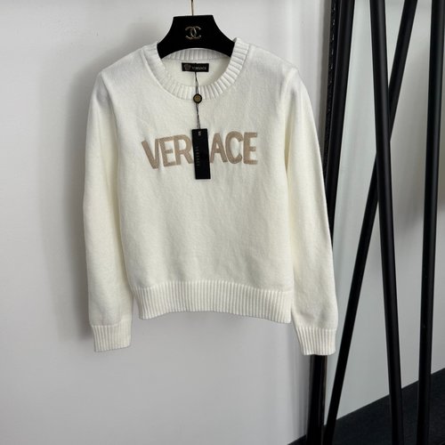 Versace Logo Embroidery Letter Long-Sleeve Knit Pullover in Multiple Colors
