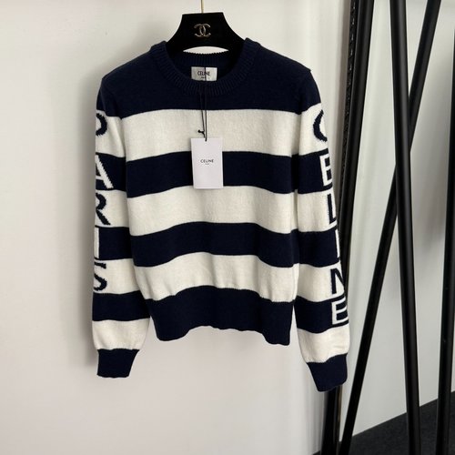 Celine Side Letter Color-Blocked Long-Sleeve Knit Pullover in White and Red