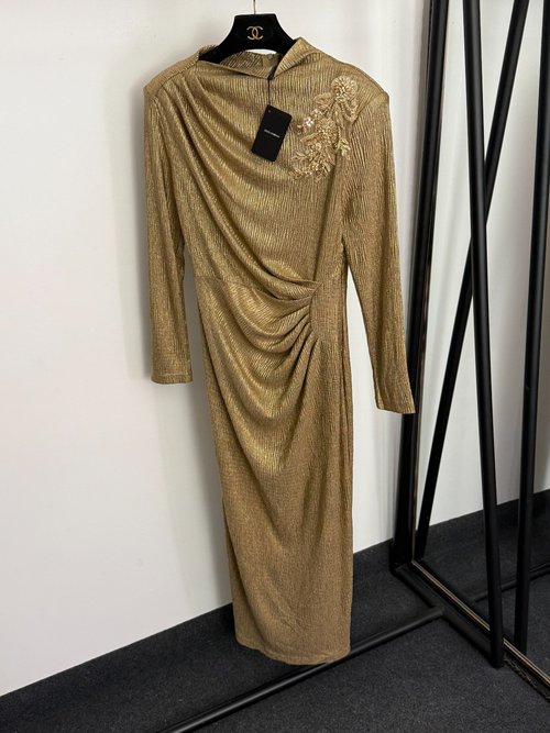 Dolce & Gabbana Gold and Black Embroidered Flower Long Sleeve Slit Dress