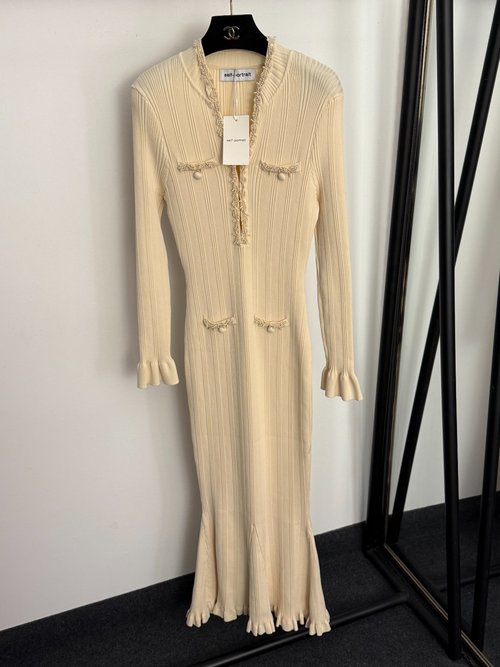 Self-Portrai French Elegant Pearl-beaded V-neck Knitted Dress