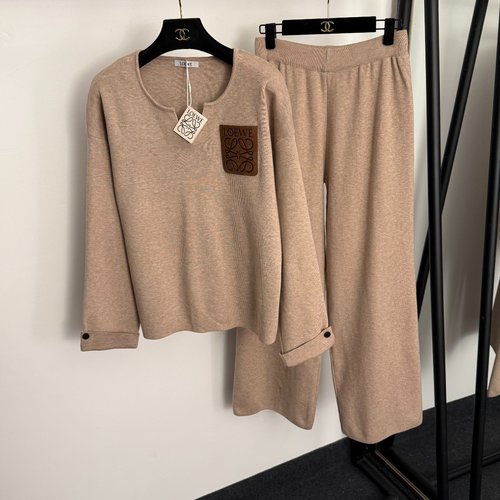 Loewe Refined Patchwork Logo Knit Set with Single Pocket and Casual Trousers