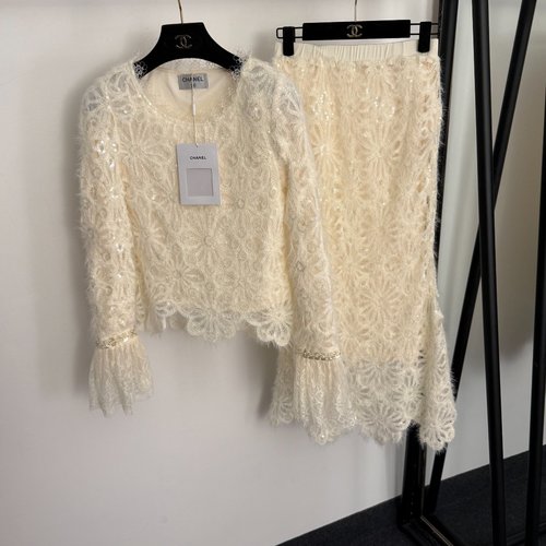 Chanel Miu White Sequin Lace Flower Pearl Top with High Waist Skirt