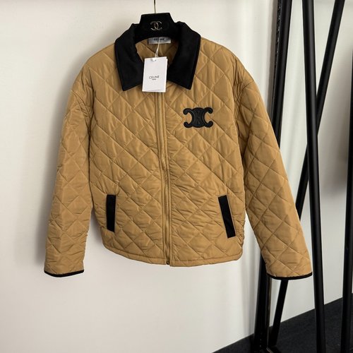 Celine Checked Collared Long Sleeve Cotton Zipper Coat with Arch Logo Embroidery