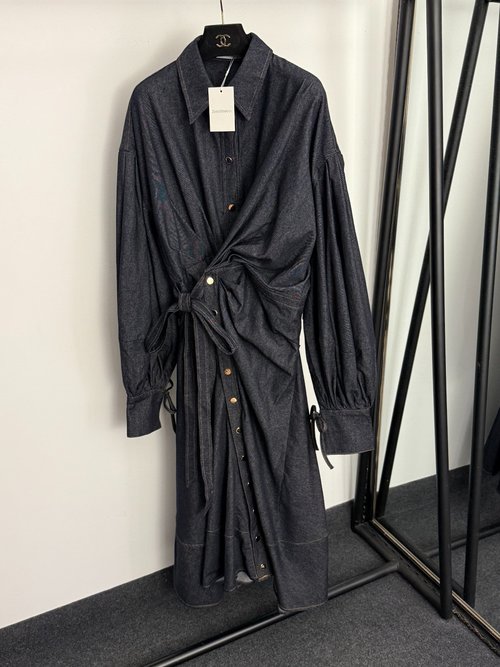 Zimmermann Irregular Button Bow Tie Waist Long Denim Shirt Dress