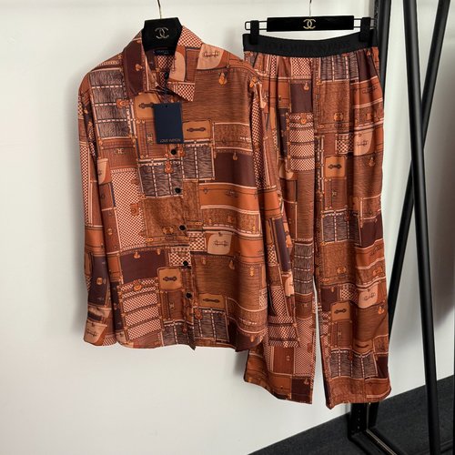 Louis Vuitton Casual Homewear Set with Monogram Print Shirt and Drawstring Pants in Brown