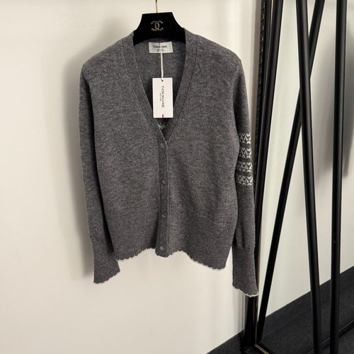 Thom Browne Gray and Navy Dog Pattern V-Neck Pure Wool Cardigan