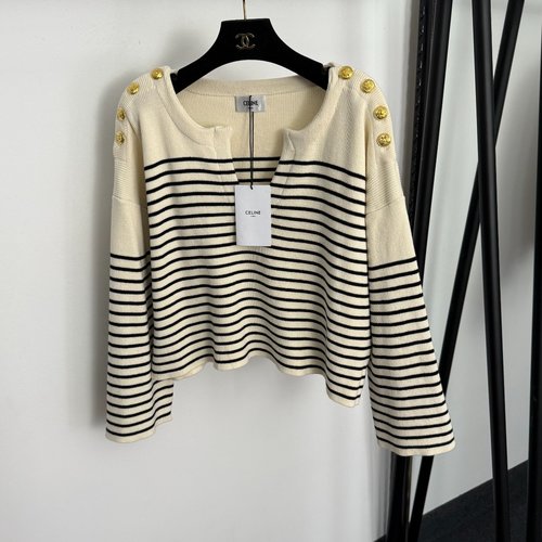 Celine Apricot Buttoned V-Neck Long-Sleeve Striped Knit Top