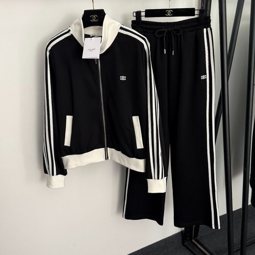 Celine Sports Set with Side Stripes, Logo Zip Collared Jacket and Pants