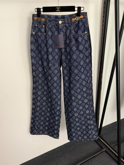 Louis Vuitton All-Over Monogram Logo Metal Buckle High Waist Wide Leg Jeans in Blue