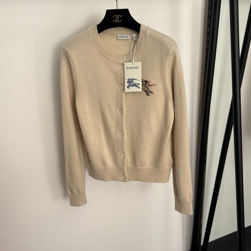 Burberry Embroidered and Studded Long Sleeve Knit Cardigan in Khaki and Red