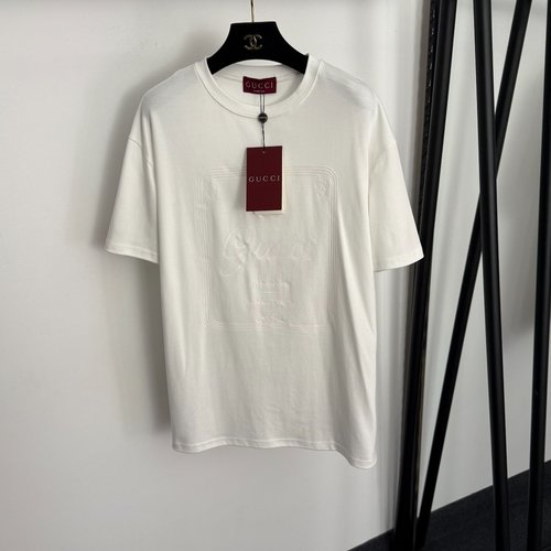 Gucci Front Letter Printed Cotton Casual Short-Sleeve Tee, White and Dark Brown