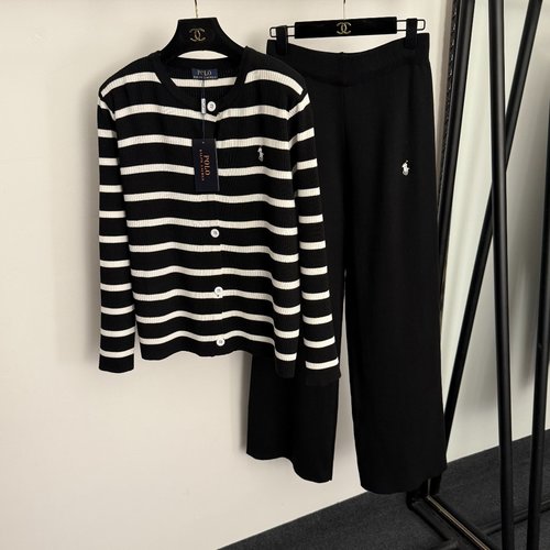 Polo Ralph Lauren Polo Embroidered Knit Ensemble with Striped Top and High-Waisted Trousers