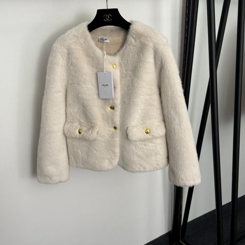 Celine Beige and Dark Brown Long-Sleeved Faux Fur Coat