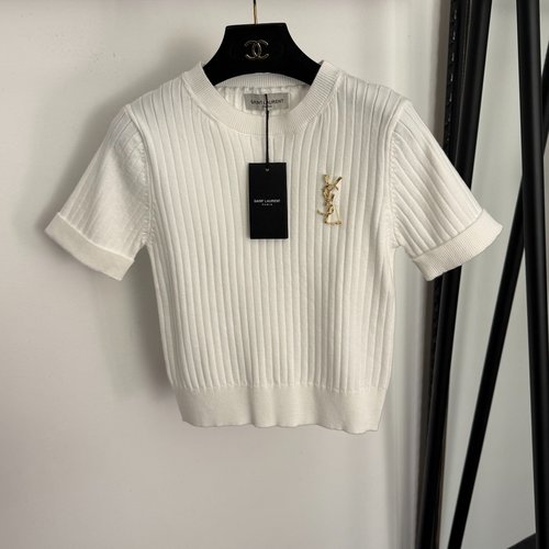 Yves Saint Laurent New Gold Logo Brooch Short-Sleeve Knit Top in Two Colors