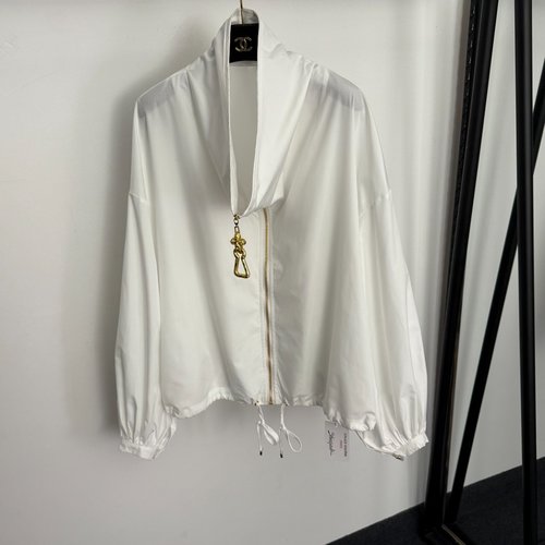 Schiaparelli Metal Zipper Collared Long Sleeve Shirt Jacket in White and Black