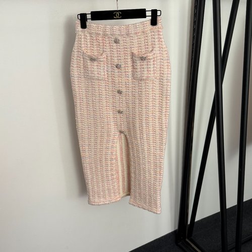 Chanel Embellished Button Tweed High-waist Slit Knit Skirt in Three Colors