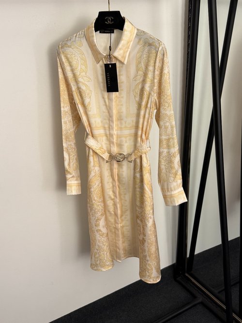 Louis Vuitton Yellow Medusa Belt Print Long-Sleeve Shirt Dress
