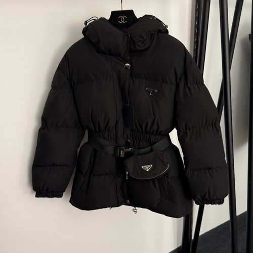 Prada Packable Long Sleeve Hooded Cotton Coat with Logo Triangle Zipper