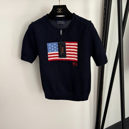 Polo Ralph Lauren White and Navy American Flag Pullover Short - Sleeve Knit T - Shirt
