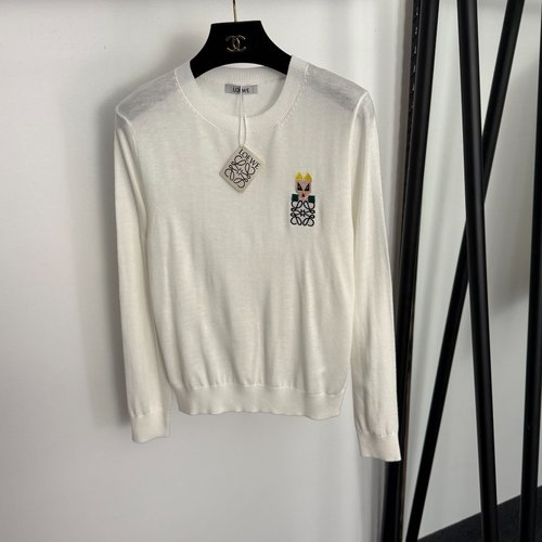 Loewe White, Coffee and Black Cartoon Logo Embroidered Long Sleeve Knit Pullover