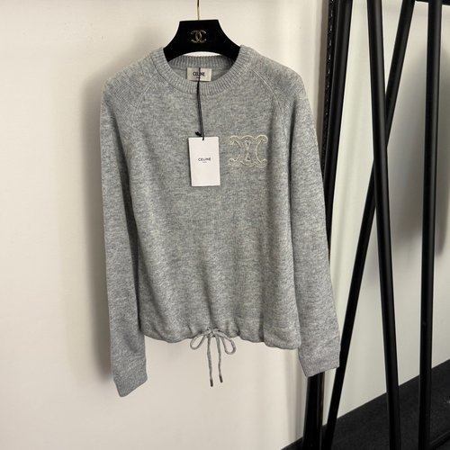 Celine Logo Embroidery Drawstring Waist Wool Knit Top in Gray and Red