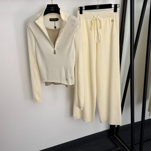 Loro Piana Knit Suit with Metal Rings, Two-Tone Top and High-Waisted Pants in Various Colors