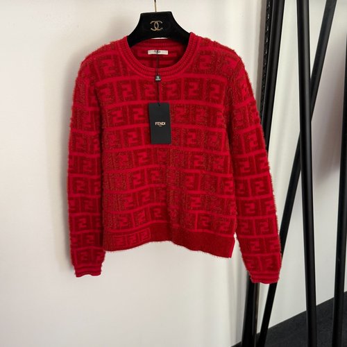 Fendi Red and Brown F Letter Jacquard Long-Sleeve Pullover