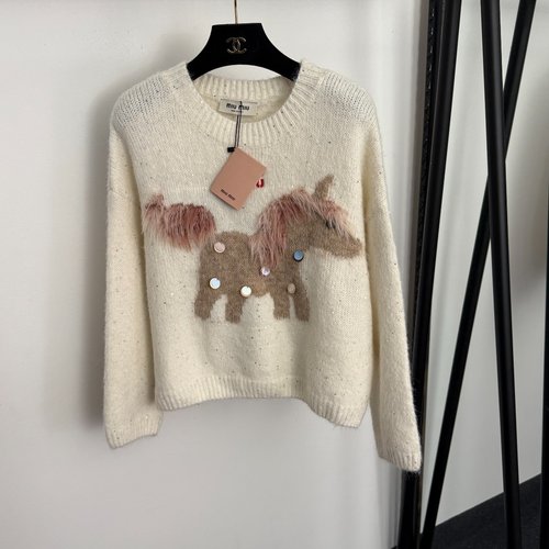 Miu Miu New Logo-Embroidery Polka Dot Long-Sleeve Wool Blend Knit