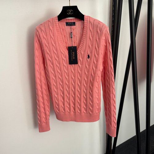 Polo Ralph Lauren Embroidered V-Neck Long Sleeve Polo Knit Sweater in Pink, Purple and Red