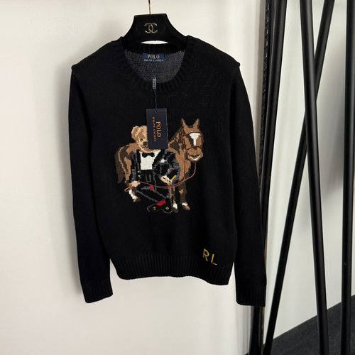 Polo Ralph Lauren Elegant Horse-holding Bear Embroidered Pullover Long-Sleeve Knitwear in White, Red, Black