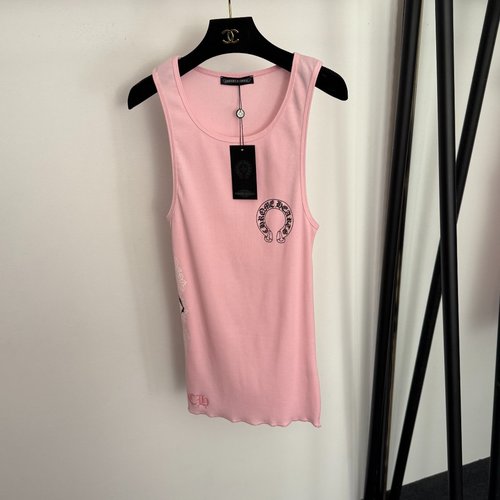 Chrome Hearts New Pink Cotton Vest with Horsehoe Sanskrit Printing