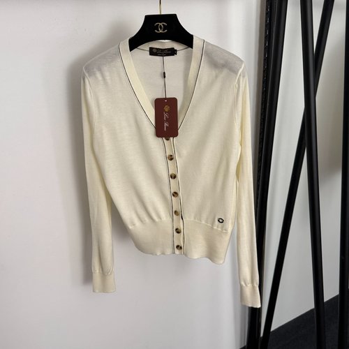 Loro Piana LP Series Metal Ring Decorated V-Neck Long-Sleeve Tencel Cardigan, Apricot & Black