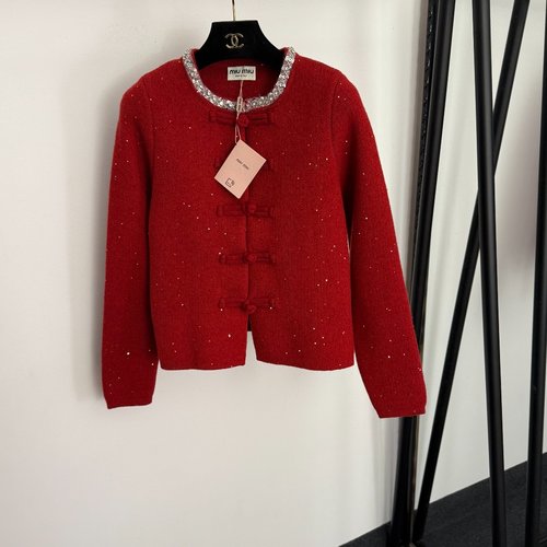 Miu Miu New Red Sequined Chinese-style Knit Cardigan