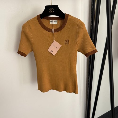 Miu Miu Color - Blocked Round - Neck Knit Short - Sleeve Top