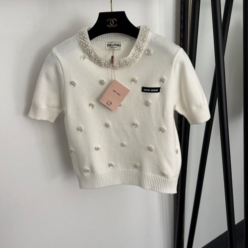 Miu Miu Embroidered Letter and Sparkle - Beaded Pearl - Collar Knit Top