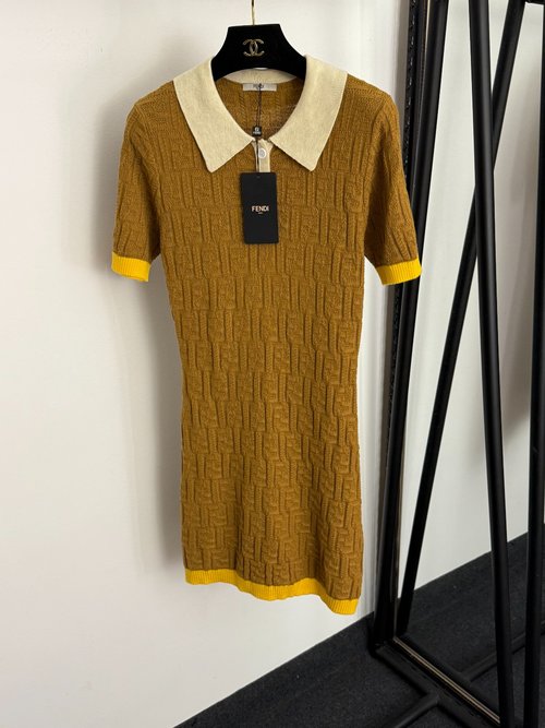 Fendi Feline Jacquard Polo Collar Knit Dress in Khaki Blue